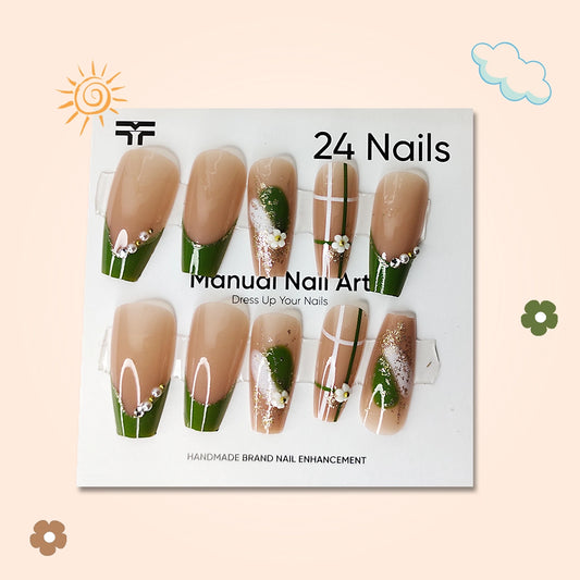 Blossom Pearl Elegance With Green Color and Flower Press-On Nail Set