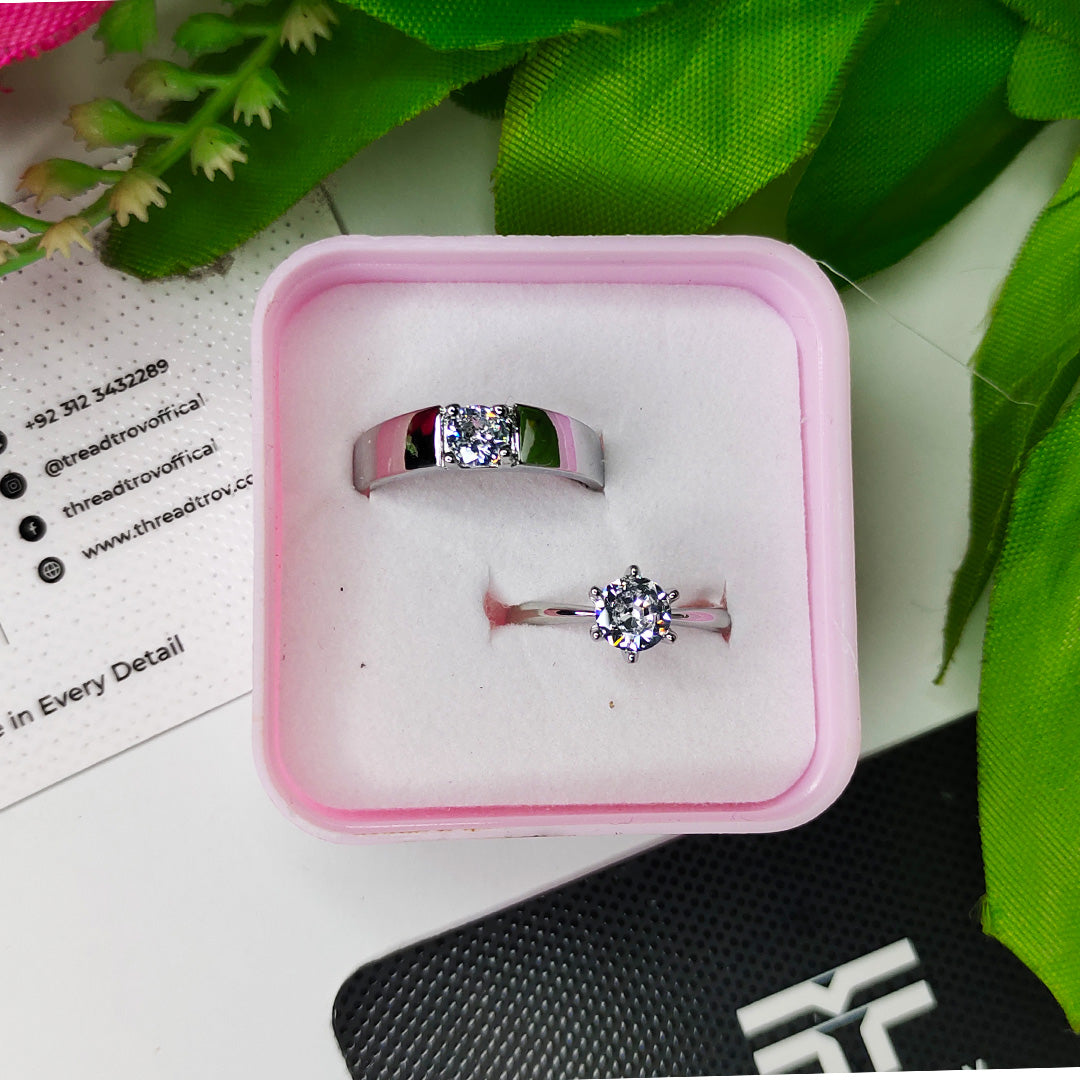 Silver-Tone Couple Ring Set with Sparkling Stones
