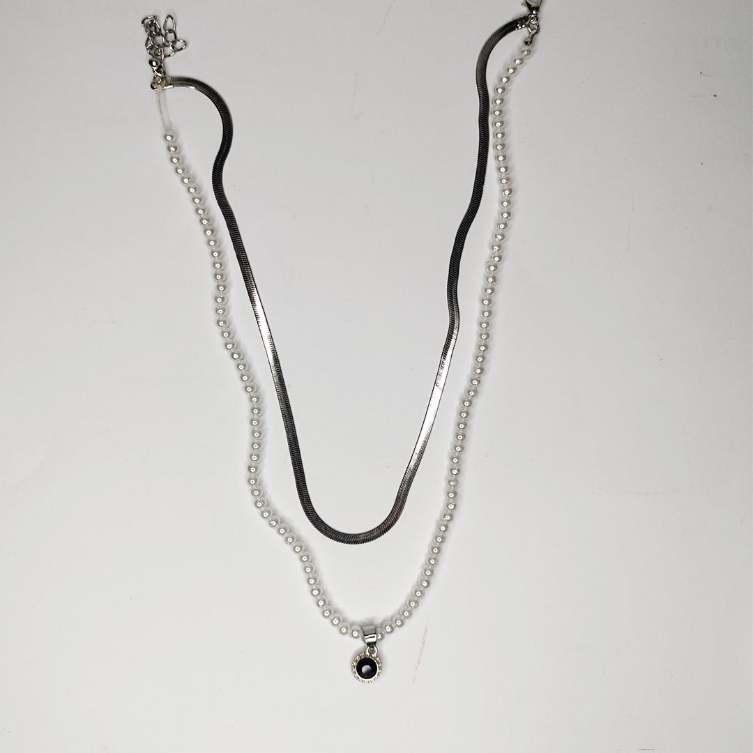 Elegant Pearl & Silver Layered Necklace – Dual-Strand Design with Black Stone Pendant