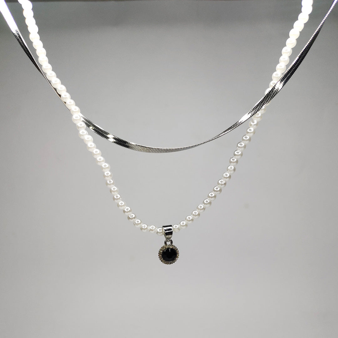 Elegant Pearl & Silver Layered Necklace – Dual-Strand Design with Black Stone Pendant